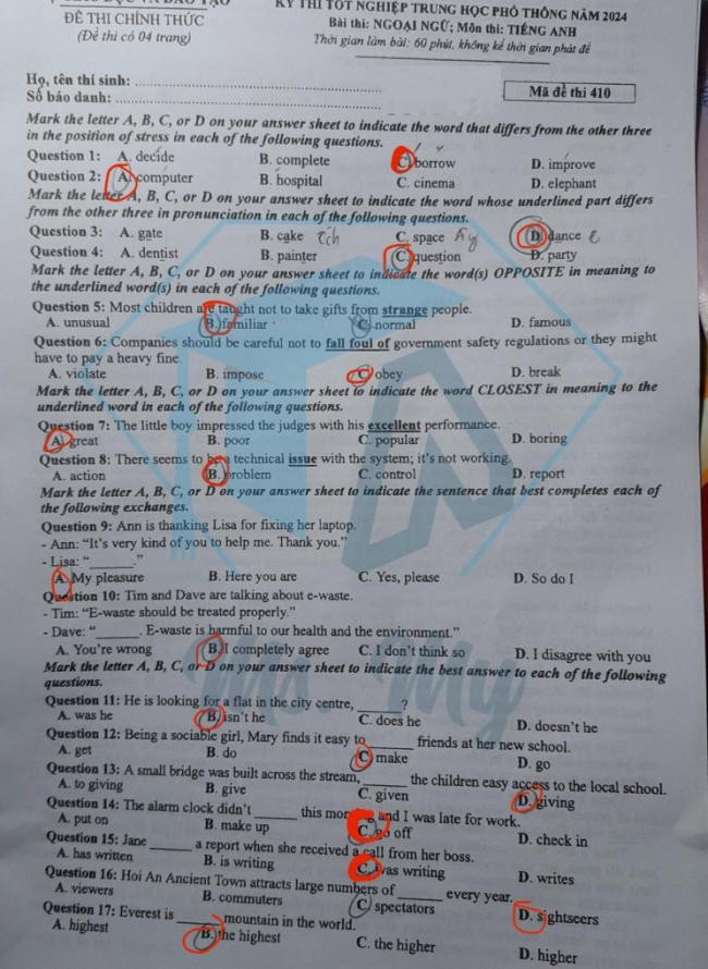 Đề thi môn Tiếng Anh mã đề 410 - Tốt nghiệp THPT 2024,Đề thi môn Tiếng Anh Tốt nghiệp THPT 2024