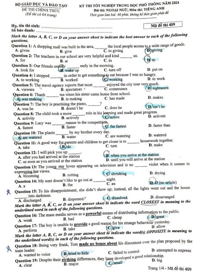 Đáp án đề thi môn Tiếng Anh mã đề 409 - Tốt nghiệp THPT 2024,Đề thi môn Tiếng Anh mã đề 409 - Tốt nghiệp THPT 2024,Đề thi môn Tiếng Anh Tốt nghiệp THPT 2024