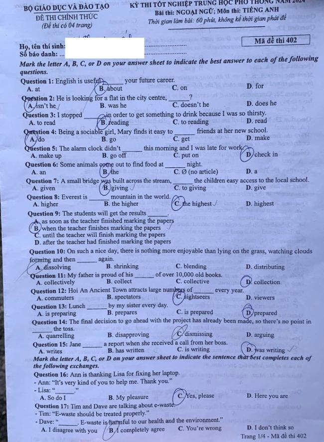 Đáp án đề thi môn Tiếng Anh mã đề 402 - Tốt nghiệp THPT 2024,Đề thi môn Tiếng Anh mã đề 402 - Tốt nghiệp THPT 2024,Đề thi môn Tiếng Anh Tốt nghiệp THPT 2024