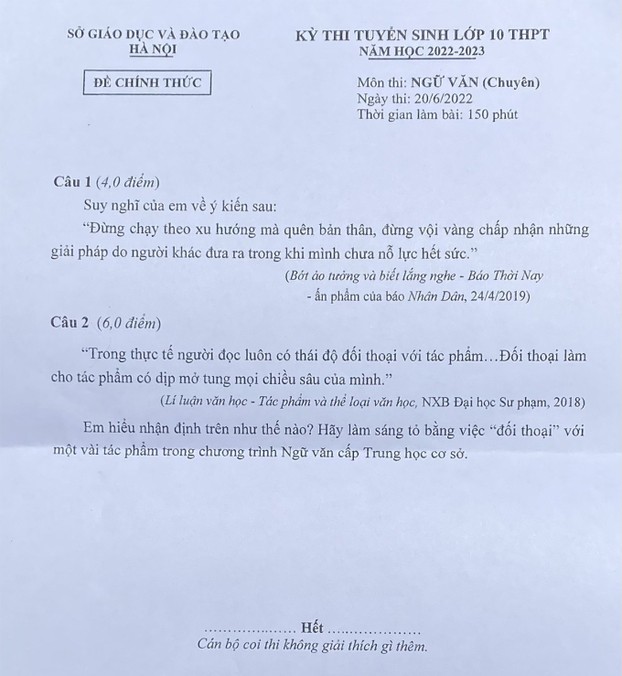 Đề thi vào 10 chuyên Văn Sở GDĐT Hà Nội năm 2022 có đáp án,Đề thi vào 10 chuyên Văn Sở GDĐT Hà Nội năm 2022,Đề thi vào 10 chuyên Văn