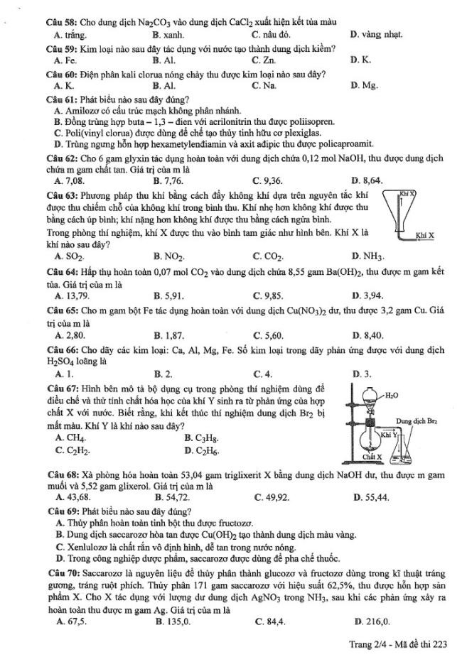 Đề thi môn Hóa mã đề 223 - Tốt nghiệp THPT 2024,Đề thi môn Hóa Tốt nghiệp THPT 2024