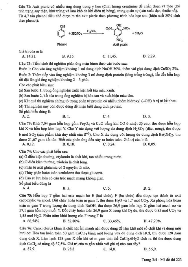 Đề thi môn Hóa mã đề 223 - Tốt nghiệp THPT 2024,Đề thi môn Hóa Tốt nghiệp THPT 2024