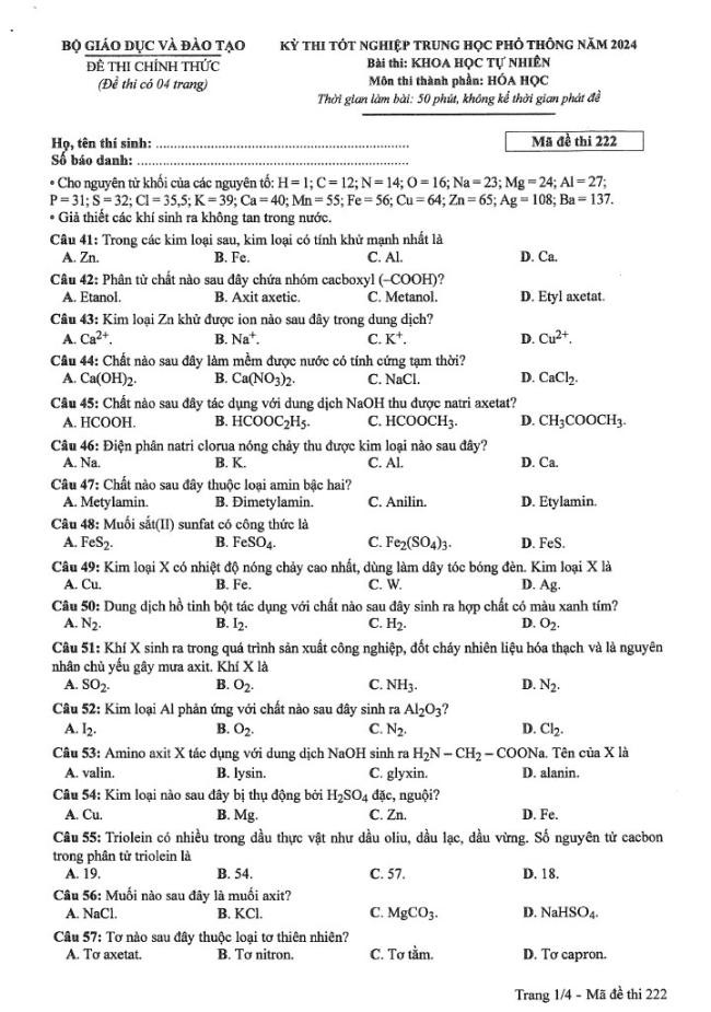 Đề thi môn Hóa mã đề 222 - Tốt nghiệp THPT 2024,Đề thi môn Hóa Tốt nghiệp THPT 2024