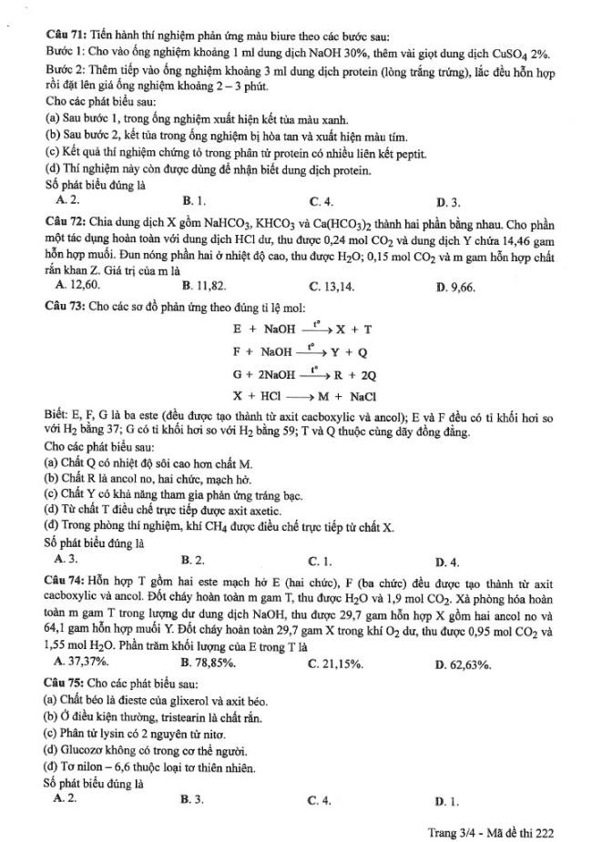 Đề thi môn Hóa mã đề 222 - Tốt nghiệp THPT 2024,Đề thi môn Hóa Tốt nghiệp THPT 2024