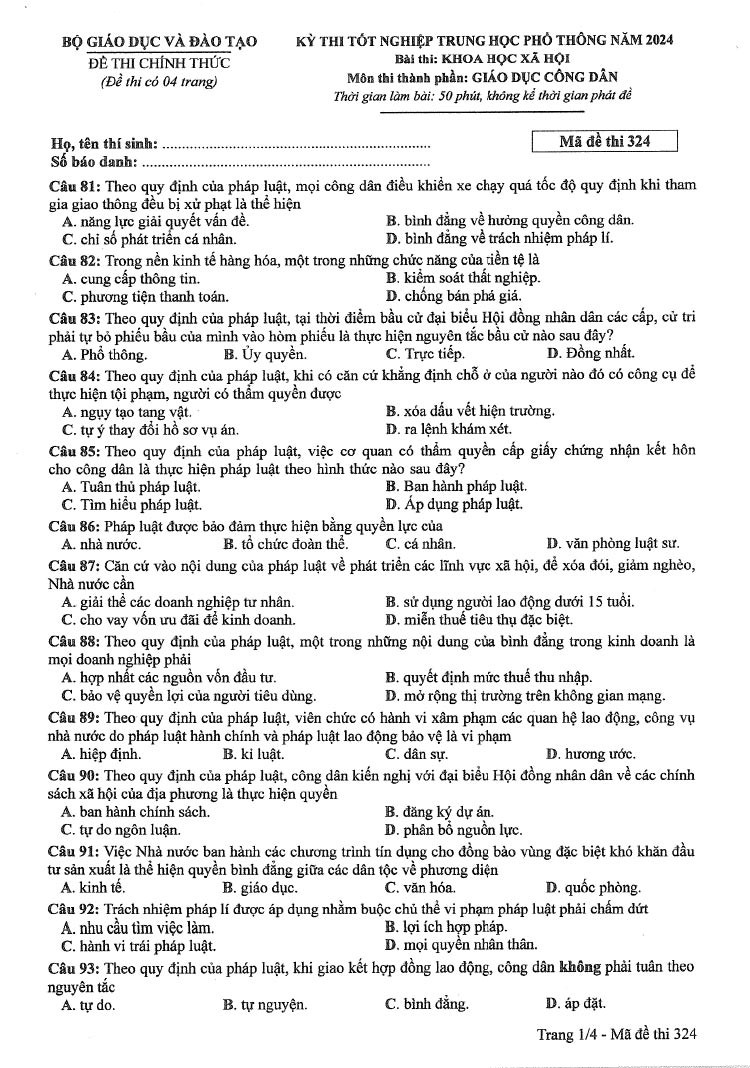 Đề thi môn Giáo Dục Công Dân mã đề 324 - Tốt nghiệp THPT 2024,Đề thi môn Giáo Dục Công Dân Tốt nghiệp THPT 2024,Đề thi Tốt nghiệp THPT 2024 môn Giáo Dục Công Dân