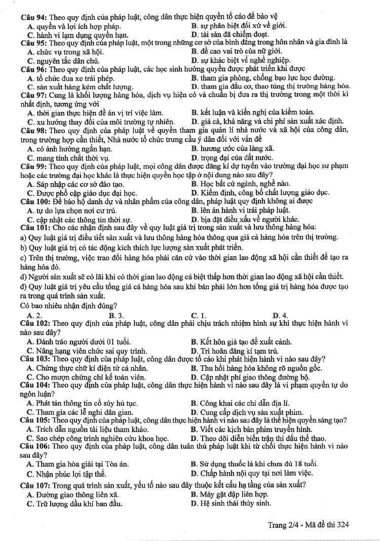 Đề thi môn Giáo Dục Công Dân mã đề 324 - Tốt nghiệp THPT 2024,Đề thi môn Giáo Dục Công Dân Tốt nghiệp THPT 2024,Đề thi Tốt nghiệp THPT 2024 môn Giáo Dục Công Dân