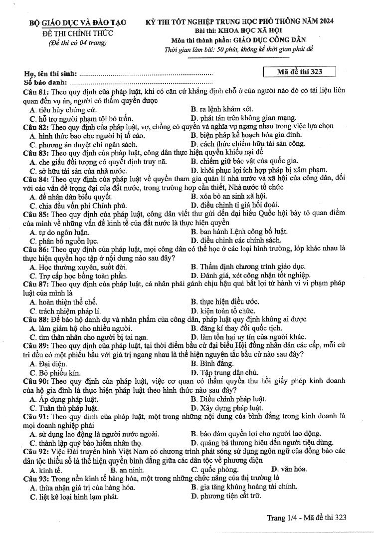 Đề thi môn Giáo Dục Công Dân mã đề 323 - Tốt nghiệp THPT 2024,Đề thi môn Giáo Dục Công Dân Tốt nghiệp THPT 2024,Đề thi Tốt nghiệp THPT 2024 môn Giáo Dục Công Dân