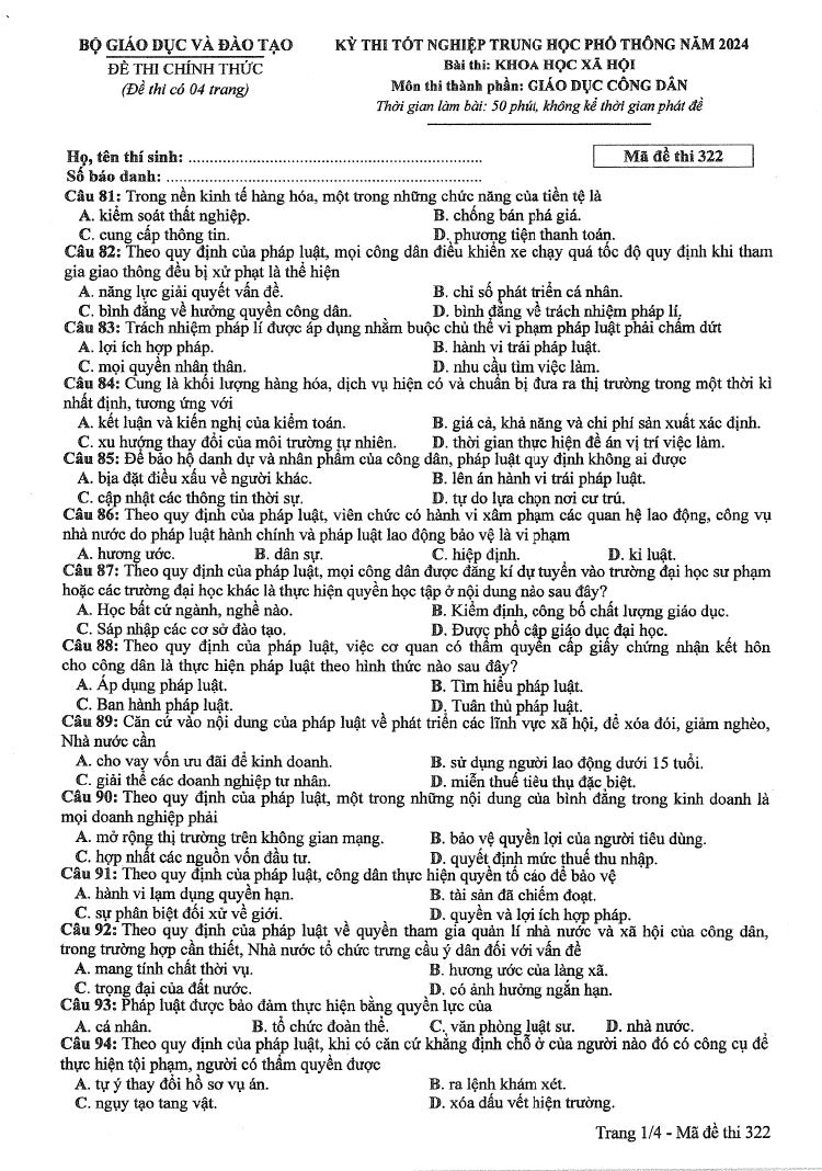 Đề thi môn Giáo Dục Công Dân mã đề 322 - Tốt nghiệp THPT 2024,Đề thi môn Giáo Dục Công Dân Tốt nghiệp THPT 2024,Đề thi Tốt nghiệp THPT 2024 môn Giáo Dục Công Dân
