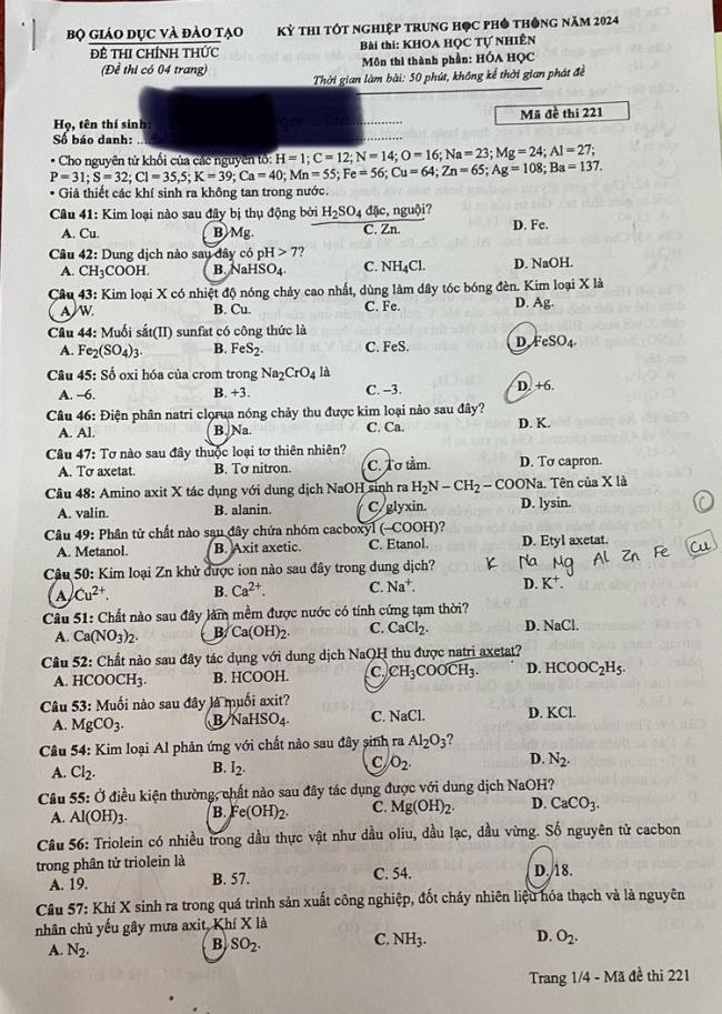 Đáp án đề thi môn Hóa mã đề 221 - Tốt nghiệp THPT 2024,Đề thi môn Hóa mã đề 221 - Tốt nghiệp THPT 2024,Đề thi môn Hóa Tốt nghiệp THPT 2024