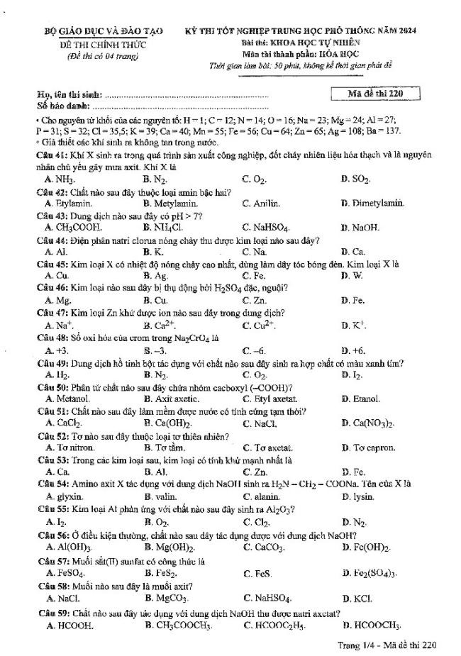 Đáp án đề thi môn Hóa mã đề 220 - Tốt nghiệp THPT 2024,Đề thi môn Hóa mã đề 220 - Tốt nghiệp THPT 2024,Đề thi môn Hóa Tốt nghiệp THPT
