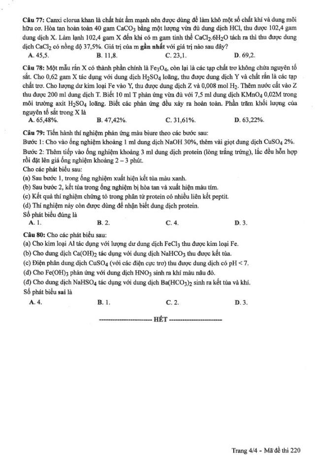 Đáp án đề thi môn Hóa mã đề 220 - Tốt nghiệp THPT 2024,Đề thi môn Hóa mã đề 220 - Tốt nghiệp THPT 2024,Đề thi môn Hóa Tốt nghiệp THPT