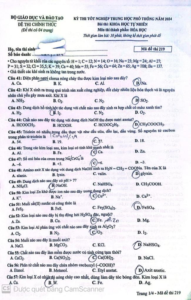 Đáp án đề thi môn Hóa mã đề 219 - Tốt nghiệp THPT 2024,Đề thi môn Hóa mã đề 219 - Tốt nghiệp THPT 2024,Đề thi môn Hóa Tốt nghiệp THPT