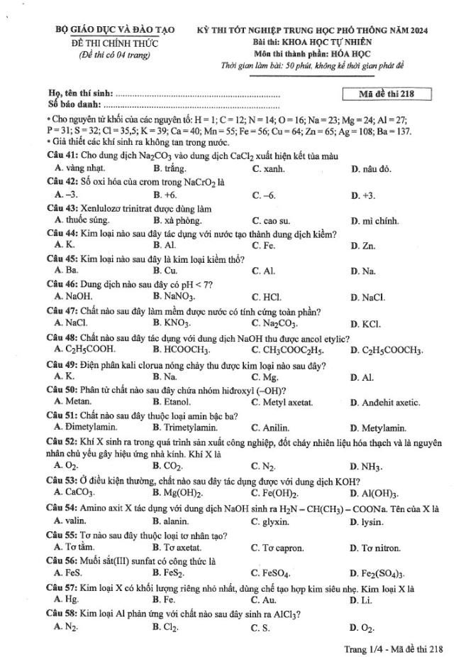Đáp án đề thi môn Hóa mã đề 218 - Tốt nghiệp THPT 2024,Đề thi môn Hóa mã đề 218 - Tốt nghiệp THPT 2024,Đề thi môn Hóa Tốt nghiệp THPT