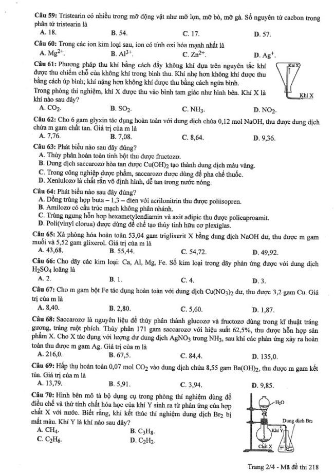 Đáp án đề thi môn Hóa mã đề 218 - Tốt nghiệp THPT 2024,Đề thi môn Hóa mã đề 218 - Tốt nghiệp THPT 2024,Đề thi môn Hóa Tốt nghiệp THPT