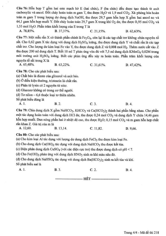 Đáp án đề thi môn Hóa mã đề 218 - Tốt nghiệp THPT 2024,Đề thi môn Hóa mã đề 218 - Tốt nghiệp THPT 2024,Đề thi môn Hóa Tốt nghiệp THPT