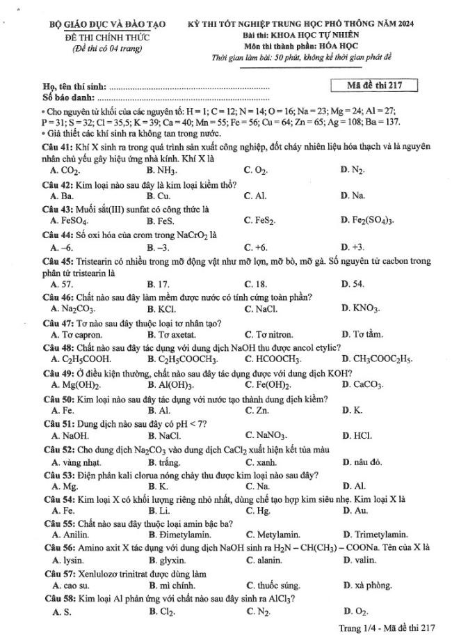 Đáp án đề thi môn Hóa mã đề 217 - Tốt nghiệp THPT 2024,Đề thi môn Hóa mã đề 217 - Tốt nghiệp THPT 2024,Đề thi môn Hóa Tốt nghiệp THPT