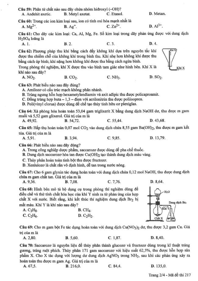 Đáp án đề thi môn Hóa mã đề 217 - Tốt nghiệp THPT 2024,Đề thi môn Hóa mã đề 217 - Tốt nghiệp THPT 2024,Đề thi môn Hóa Tốt nghiệp THPT