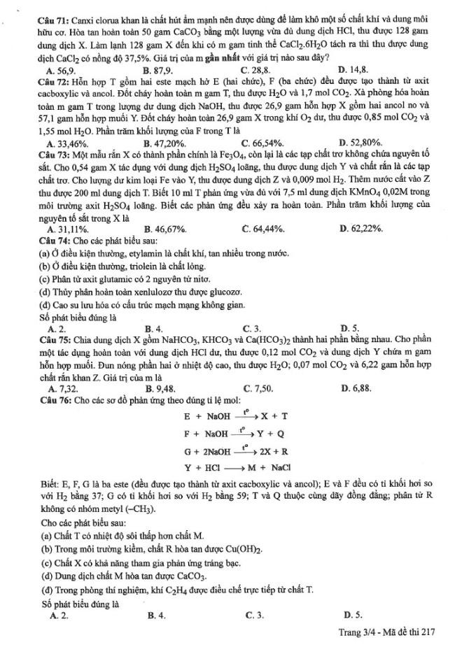 Đáp án đề thi môn Hóa mã đề 217 - Tốt nghiệp THPT 2024,Đề thi môn Hóa mã đề 217 - Tốt nghiệp THPT 2024,Đề thi môn Hóa Tốt nghiệp THPT