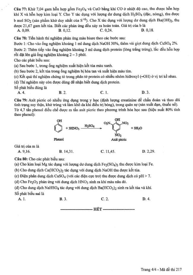 Đáp án đề thi môn Hóa mã đề 217 - Tốt nghiệp THPT 2024,Đề thi môn Hóa mã đề 217 - Tốt nghiệp THPT 2024,Đề thi môn Hóa Tốt nghiệp THPT
