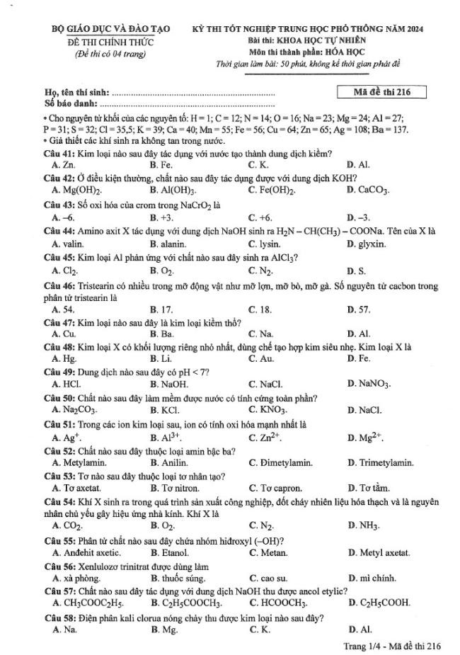 Đáp án đề thi môn Hóa mã đề 216 - Tốt nghiệp THPT 2024,Đề thi môn Hóa mã đề 216 - Tốt nghiệp THPT 2024,Đề thi môn Hóa Tốt nghiệp THPT