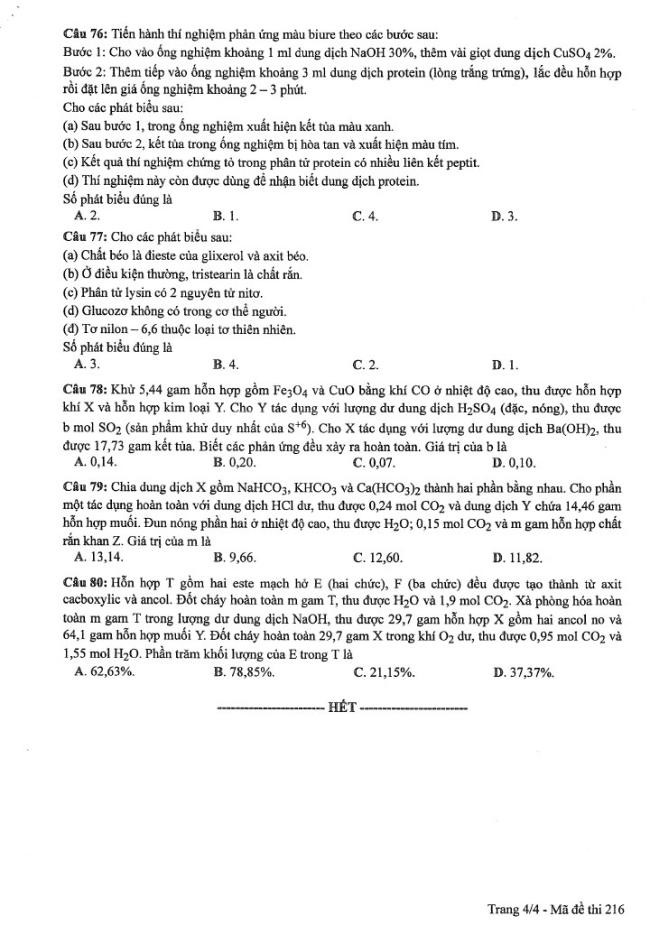 Đáp án đề thi môn Hóa mã đề 216 - Tốt nghiệp THPT 2024,Đề thi môn Hóa mã đề 216 - Tốt nghiệp THPT 2024,Đề thi môn Hóa Tốt nghiệp THPT
