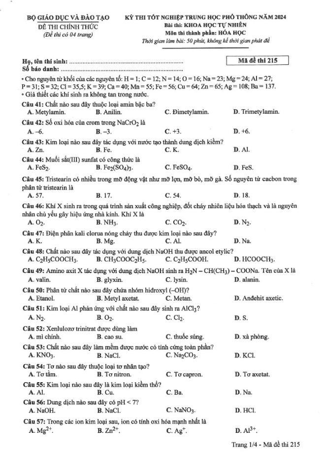Đáp án đề thi môn Hóa mã đề 215 - Tốt nghiệp THPT 2024,Đề thi môn Hóa mã đề 215 - Tốt nghiệp THPT 2024,Đề thi môn Hóa Tốt nghiệp THPT