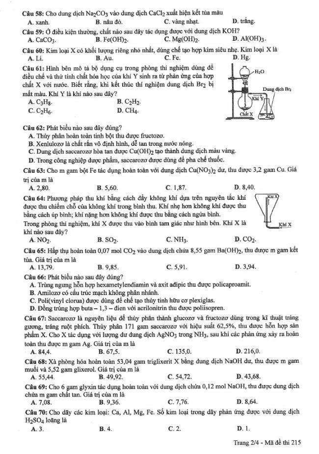 Đáp án đề thi môn Hóa mã đề 215 - Tốt nghiệp THPT 2024,Đề thi môn Hóa mã đề 215 - Tốt nghiệp THPT 2024,Đề thi môn Hóa Tốt nghiệp THPT