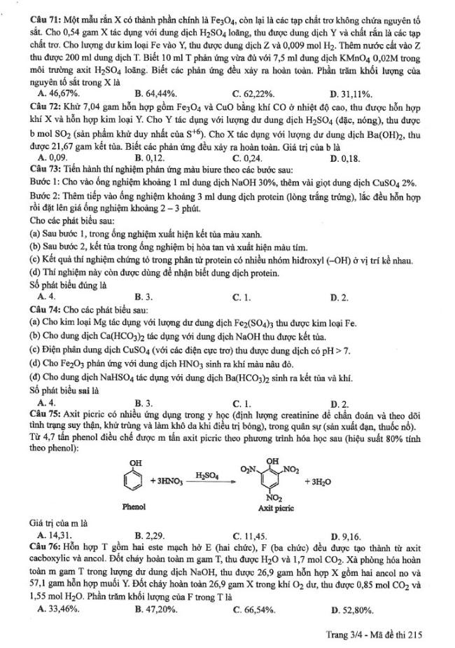 Đáp án đề thi môn Hóa mã đề 215 - Tốt nghiệp THPT 2024,Đề thi môn Hóa mã đề 215 - Tốt nghiệp THPT 2024,Đề thi môn Hóa Tốt nghiệp THPT