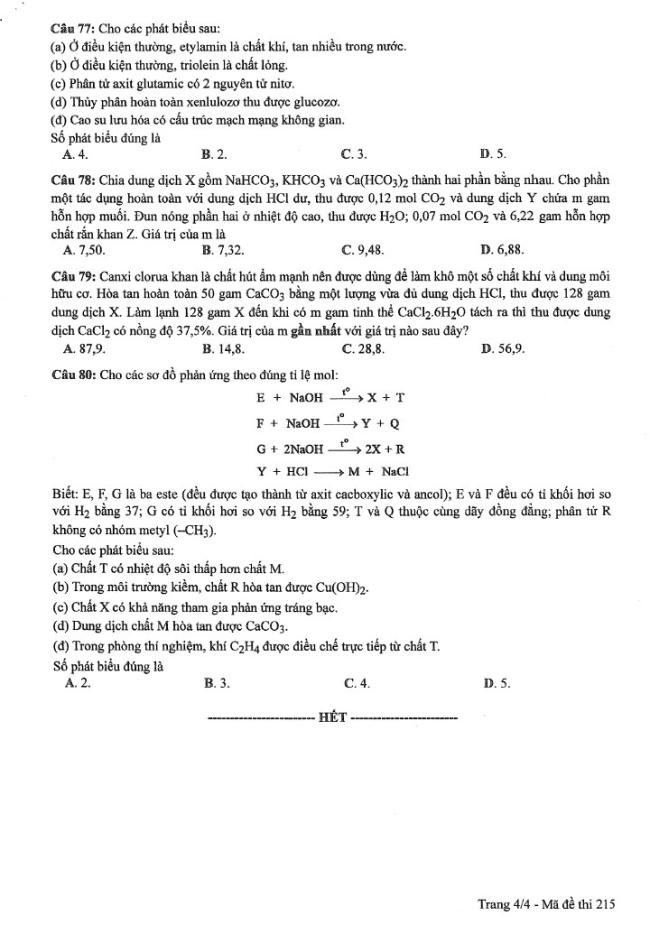 Đáp án đề thi môn Hóa mã đề 215 - Tốt nghiệp THPT 2024,Đề thi môn Hóa mã đề 215 - Tốt nghiệp THPT 2024,Đề thi môn Hóa Tốt nghiệp THPT
