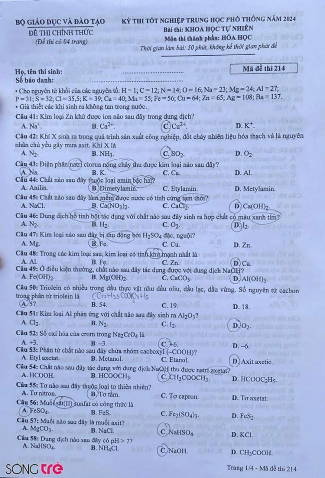 Đáp án đề thi môn Hóa mã đề 214 - Tốt nghiệp THPT 2024,Đề thi môn Hóa mã đề 214 - Tốt nghiệp THPT 2024,Đề thi môn Hóa Tốt nghiệp THPT