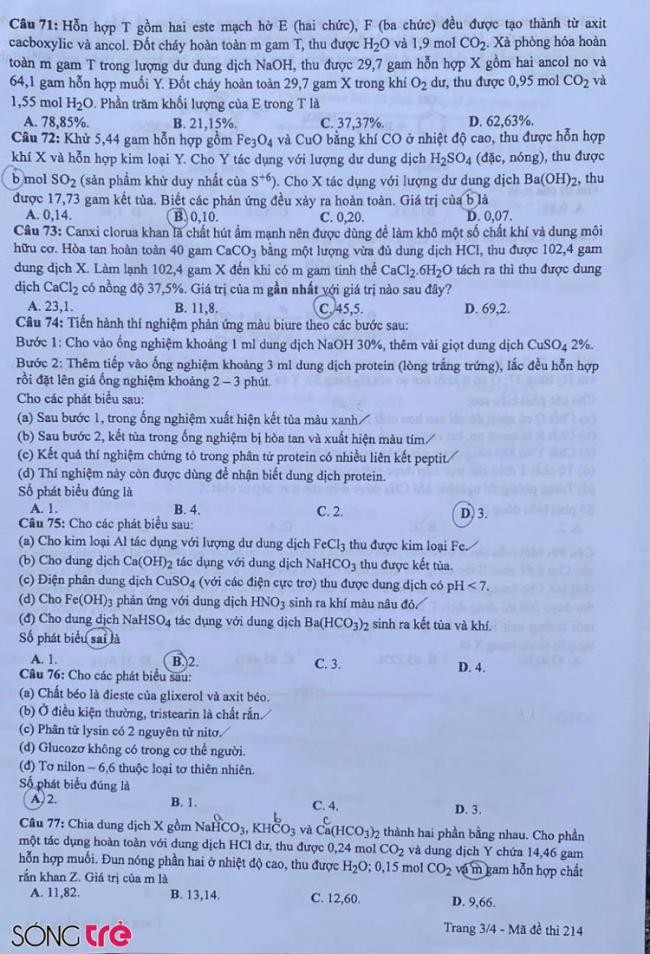 Đáp án đề thi môn Hóa mã đề 214 - Tốt nghiệp THPT 2024,Đề thi môn Hóa mã đề 214 - Tốt nghiệp THPT 2024,Đề thi môn Hóa Tốt nghiệp THPT