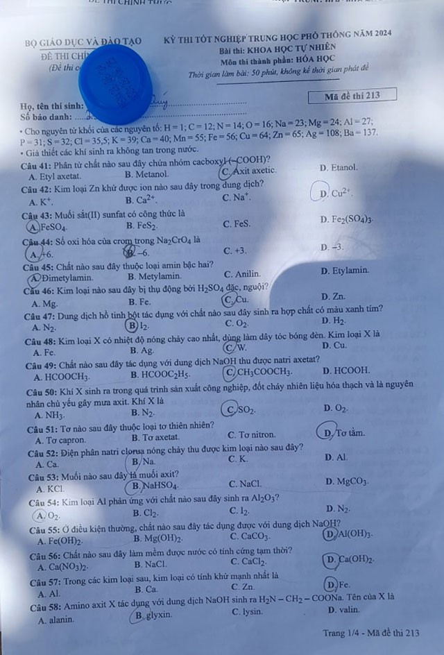 Đáp án đề thi môn Hóa mã đề 213 - Tốt nghiệp THPT 2024,Đề thi môn Hóa mã đề 213 - Tốt nghiệp THPT 2024,Đề thi môn Hóa Tốt nghiệp THPT