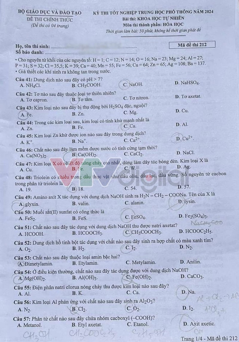 Đáp án đề thi môn Hóa mã đề 212 - Tốt nghiệp THPT 2024,Đề thi môn Hóa mã đề 212 - Tốt nghiệp THPT 2024,Đề thi môn Hóa Tốt nghiệp THPT