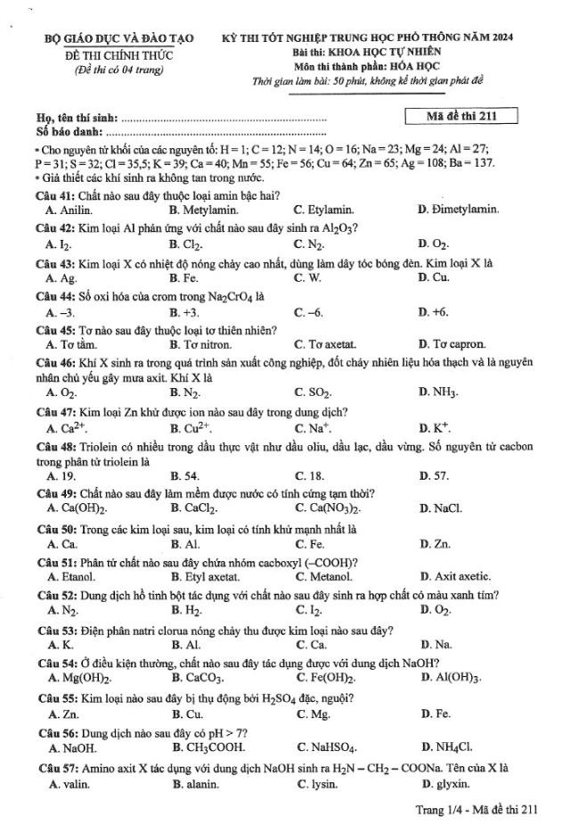 Đáp án đề thi môn Hóa mã đề 211 - Tốt nghiệp THPT 2024,Đề thi môn Hóa mã đề 211 - Tốt nghiệp THPT 2024,Đề thi môn Hóa Tốt nghiệp THPT
