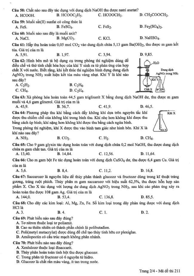 Đáp án đề thi môn Hóa mã đề 211 - Tốt nghiệp THPT 2024,Đề thi môn Hóa mã đề 211 - Tốt nghiệp THPT 2024,Đề thi môn Hóa Tốt nghiệp THPT