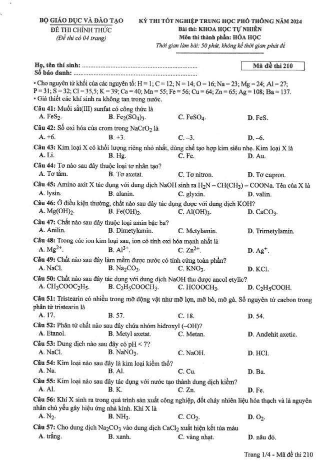 Đáp án đề thi môn Hóa mã đề 210 - Tốt nghiệp THPT 2024,Đề thi môn Hóa mã đề 210 - Tốt nghiệp THPT 2024,Đề thi môn Hóa Tốt nghiệp THPT