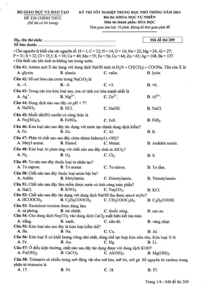 Đáp án đề thi môn Hóa mã đề 209 - Tốt nghiệp THPT 2024,Đề thi môn Hóa mã đề 209 - Tốt nghiệp THPT 2024,Đề thi môn Hóa Tốt nghiệp THPT