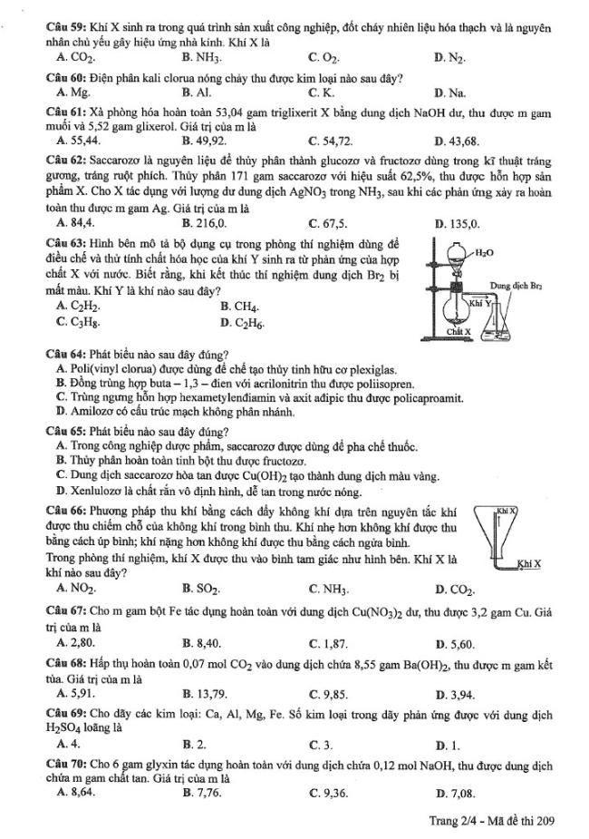 Đáp án đề thi môn Hóa mã đề 209 - Tốt nghiệp THPT 2024,Đề thi môn Hóa mã đề 209 - Tốt nghiệp THPT 2024,Đề thi môn Hóa Tốt nghiệp THPT