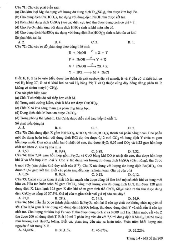 Đáp án đề thi môn Hóa mã đề 209 - Tốt nghiệp THPT 2024,Đề thi môn Hóa mã đề 209 - Tốt nghiệp THPT 2024,Đề thi môn Hóa Tốt nghiệp THPT