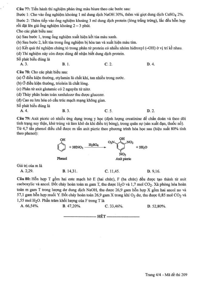 Đáp án đề thi môn Hóa mã đề 209 - Tốt nghiệp THPT 2024,Đề thi môn Hóa mã đề 209 - Tốt nghiệp THPT 2024,Đề thi môn Hóa Tốt nghiệp THPT