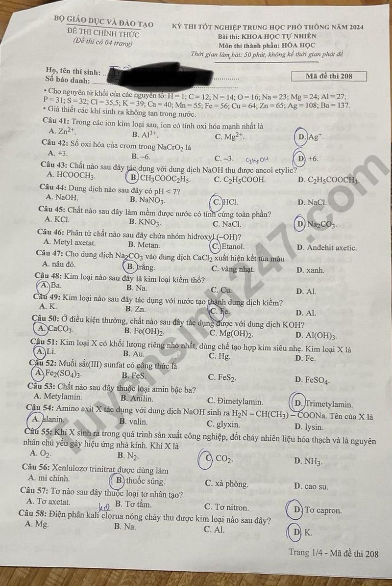 Đáp án đề thi môn Hóa mã đề 208 - Tốt nghiệp THPT 2024,Đề thi môn Hóa mã đề 208 - Tốt nghiệp THPT 2024,Đề thi môn Hóa Tốt nghiệp THPT