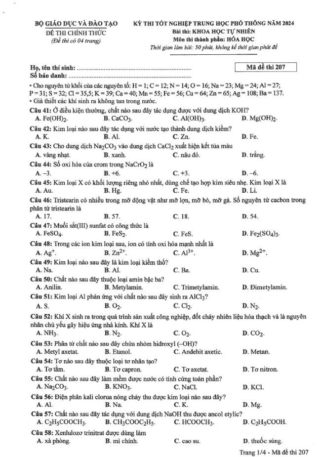 Đáp án đề thi môn Hóa mã đề 207 - Tốt nghiệp THPT 2024,Đề thi môn Hóa mã đề 207 - Tốt nghiệp THPT 2024,Đề thi môn Hóa Tốt nghiệp THPT