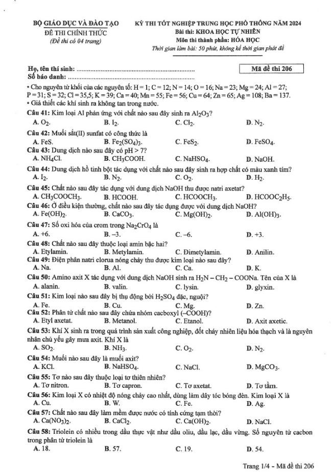 Đáp án đề thi môn Hóa mã đề 205 - Tốt nghiệp THPT 2024,Đề thi môn Hóa mã đề 205 - Tốt nghiệp THPT 2024,Đề thi môn Hóa Tốt nghiệp THPT