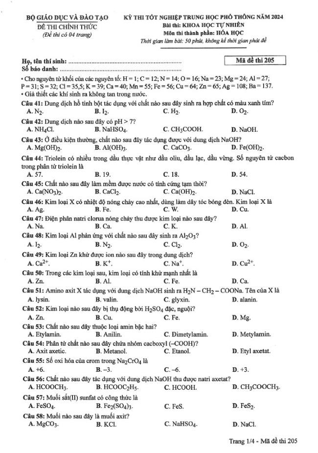 Đáp án đề thi môn Hóa mã đề 205 - Tốt nghiệp THPT 2024,Đáp án đề thi môn Hóa Tốt nghiệp THPT 2024,Đề thi môn Hóa Tốt nghiệp THPT 2024