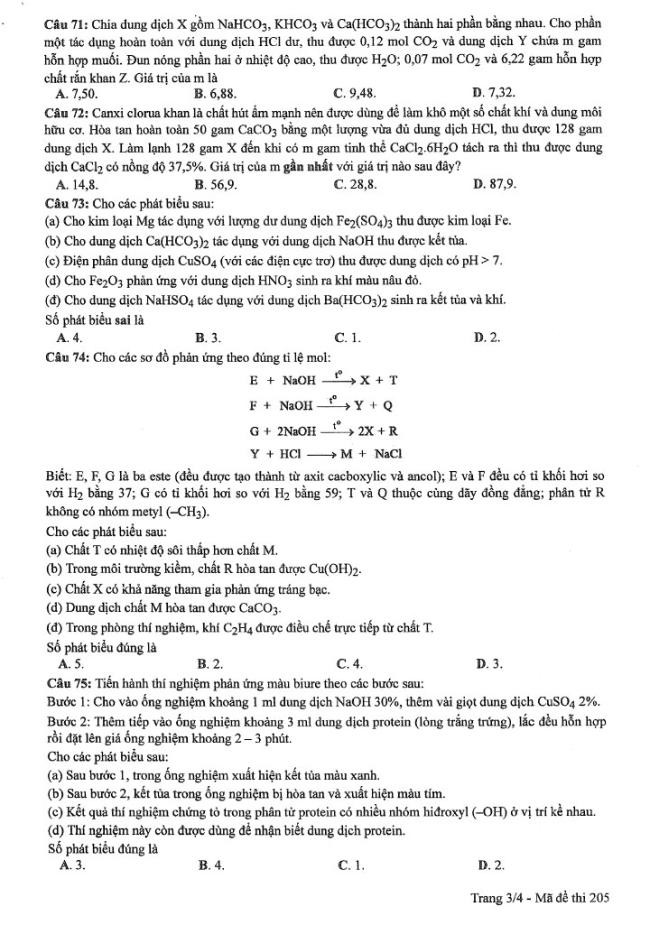 Đáp án đề thi môn Hóa mã đề 205 - Tốt nghiệp THPT 2024,Đáp án đề thi môn Hóa Tốt nghiệp THPT 2024,Đề thi môn Hóa Tốt nghiệp THPT 2024