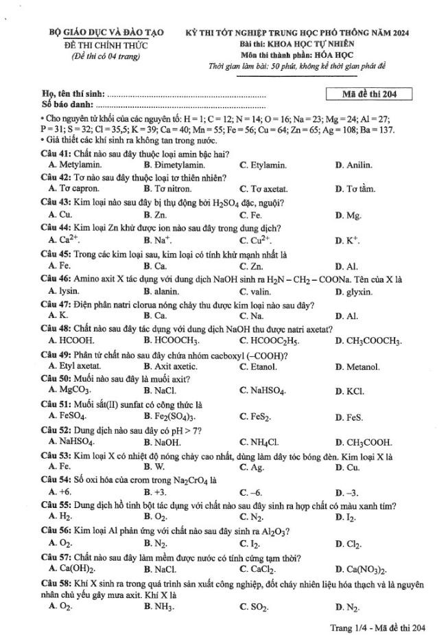 Đáp án đề thi môn Hóa mã đề 204 - Tốt nghiệp THPT 2024,Đề thi môn Hóa mã đề 204 - Tốt nghiệp THPT 2024,Đề thi môn Hóa Tốt nghiệp THPT