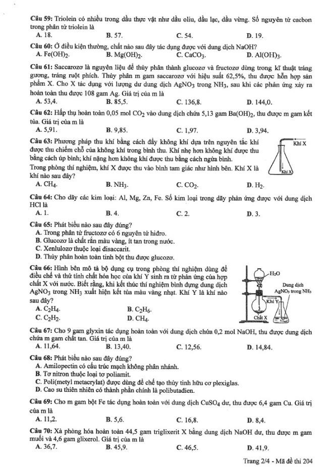 Đáp án đề thi môn Hóa mã đề 204 - Tốt nghiệp THPT 2024,Đề thi môn Hóa mã đề 204 - Tốt nghiệp THPT 2024,Đề thi môn Hóa Tốt nghiệp THPT