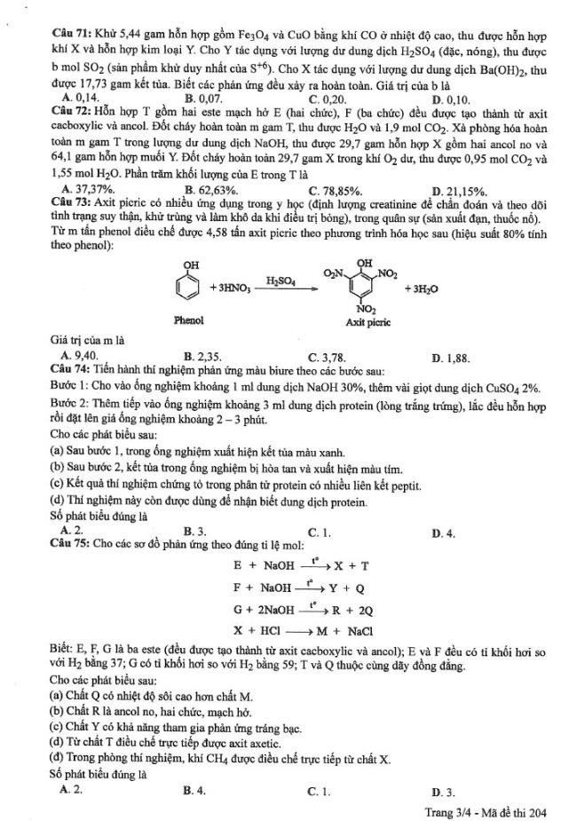 Đáp án đề thi môn Hóa mã đề 204 - Tốt nghiệp THPT 2024,Đề thi môn Hóa mã đề 204 - Tốt nghiệp THPT 2024,Đề thi môn Hóa Tốt nghiệp THPT