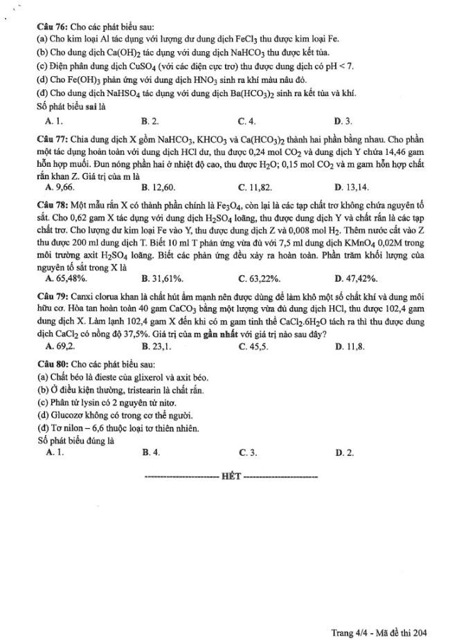 Đáp án đề thi môn Hóa mã đề 204 - Tốt nghiệp THPT 2024,Đề thi môn Hóa mã đề 204 - Tốt nghiệp THPT 2024,Đề thi môn Hóa Tốt nghiệp THPT