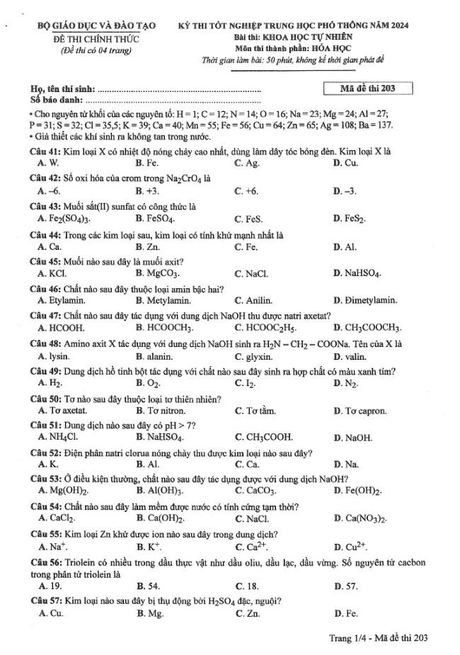 Đáp án đề thi môn Hóa mã đề 203 - Tốt nghiệp THPT 2024,Đề thi môn Hóa mã đề 203 - Tốt nghiệp THPT 2024,Đề thi môn Hóa Tốt nghiệp THPT